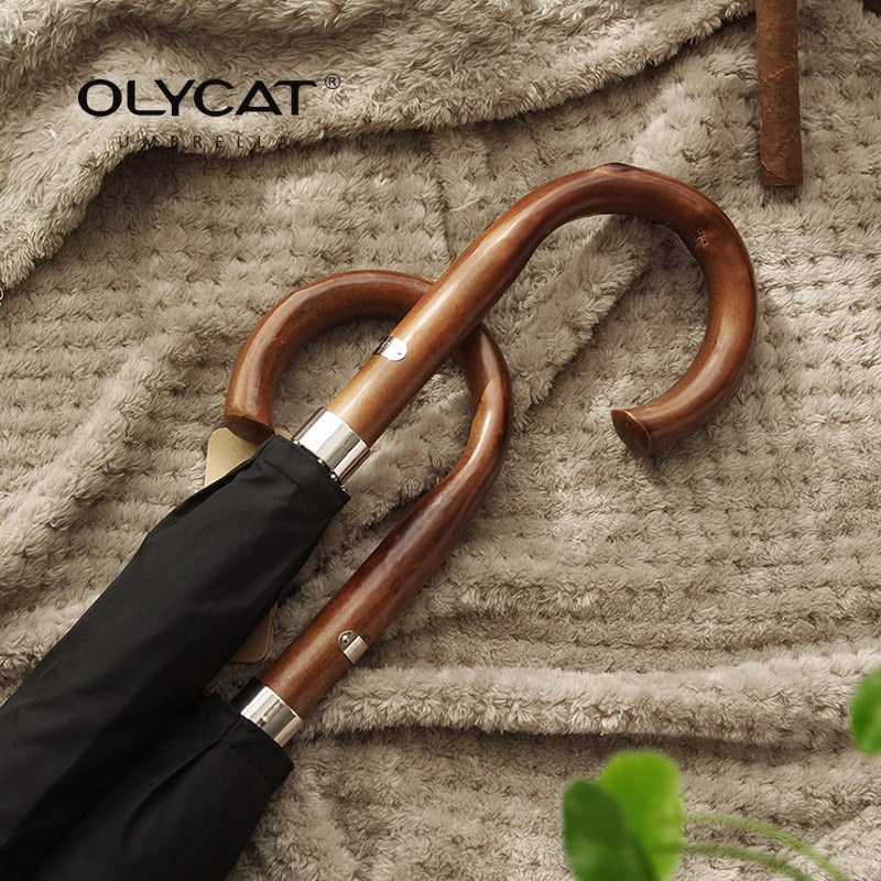 OLYCAT parapluie Long affaires manche en bois massif grand 10 branches fibre de verre – Image 2