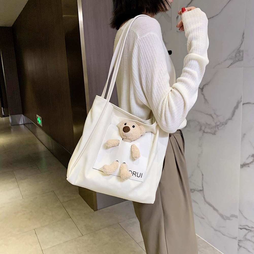 Sac à main en toile pour femmes, fourre-tout à la mode, décor de poupée d'ours, sac à bandoulière mignon, sac à poignée supérieure pour dames filles, Shopping quotidien – Image 5