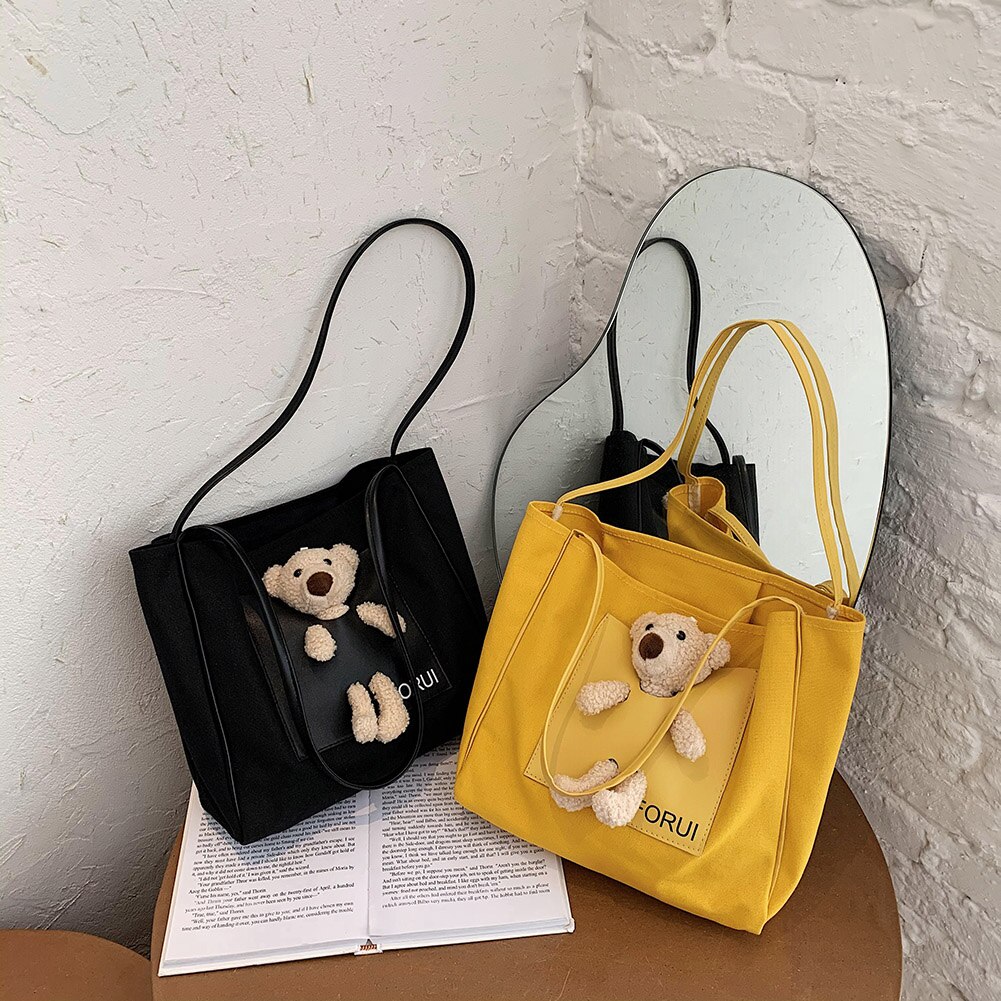 Sac à main en toile pour femmes, fourre-tout à la mode, décor de poupée d'ours, sac à bandoulière mignon, sac à poignée supérieure pour dames filles, Shopping quotidien