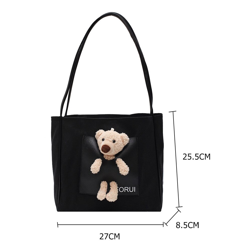 Sac à main en toile pour femmes, fourre-tout à la mode, décor de poupée d'ours, sac à bandoulière mignon, sac à poignée supérieure pour dames filles, Shopping quotidien – Image 6