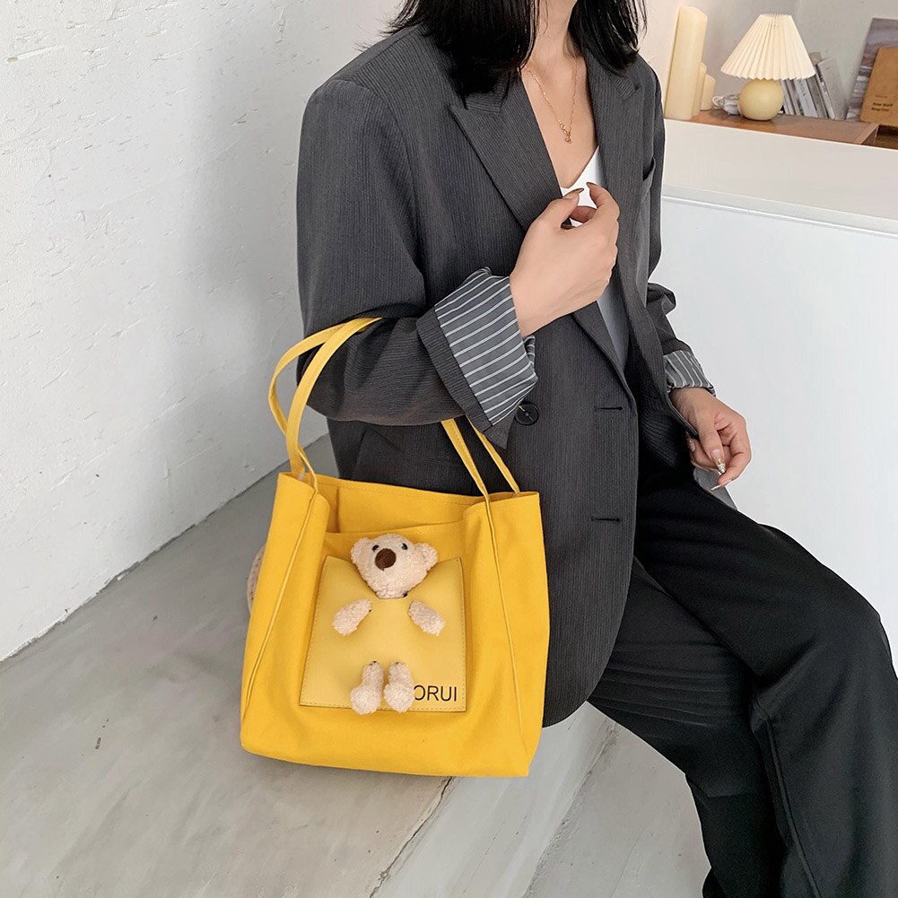 Sac à main en toile pour femmes, fourre-tout à la mode, décor de poupée d'ours, sac à bandoulière mignon, sac à poignée supérieure pour dames filles, Shopping quotidien – Image 4