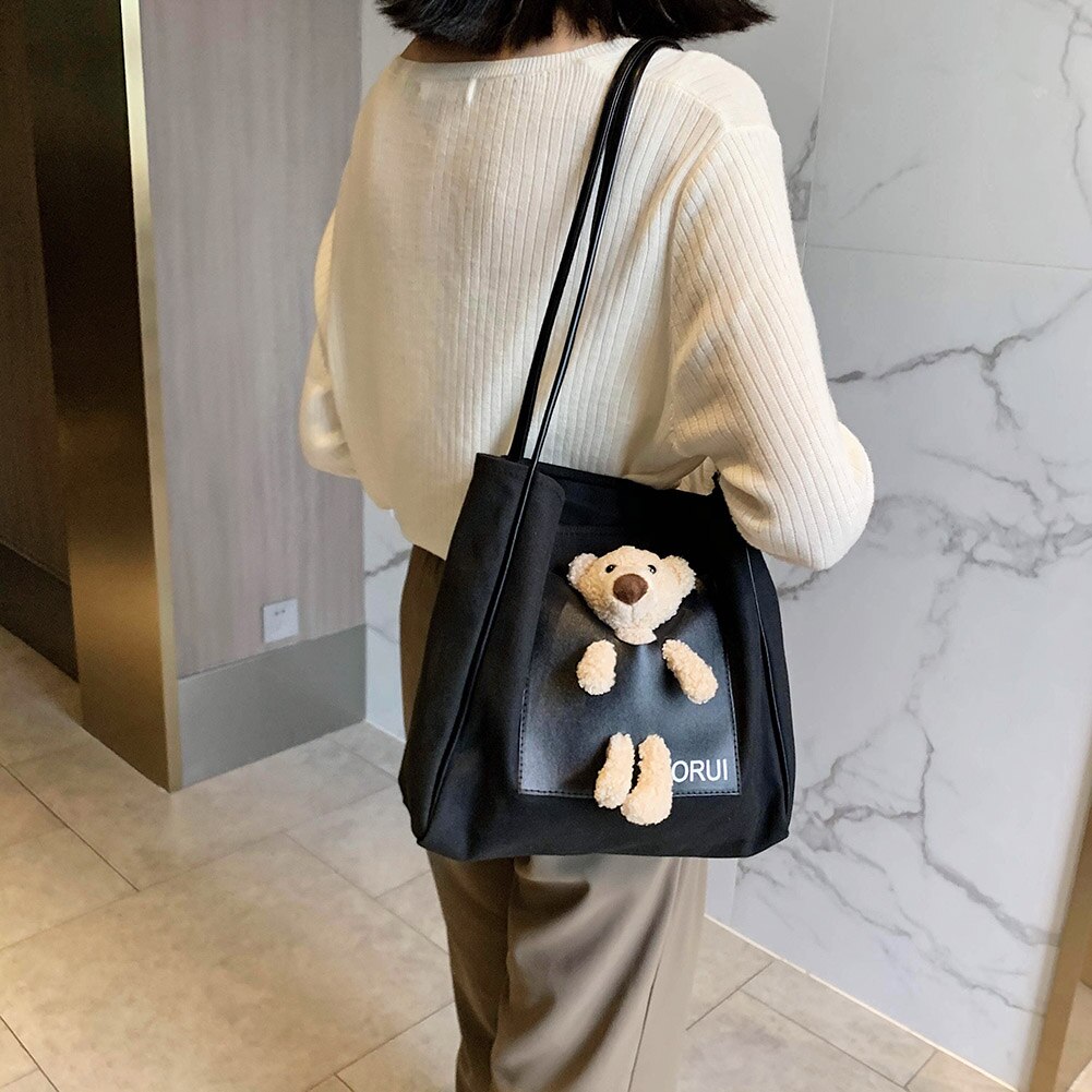 Sac à main en toile pour femmes, fourre-tout à la mode, décor de poupée d'ours, sac à bandoulière mignon, sac à poignée supérieure pour dames filles, Shopping quotidien – Image 3