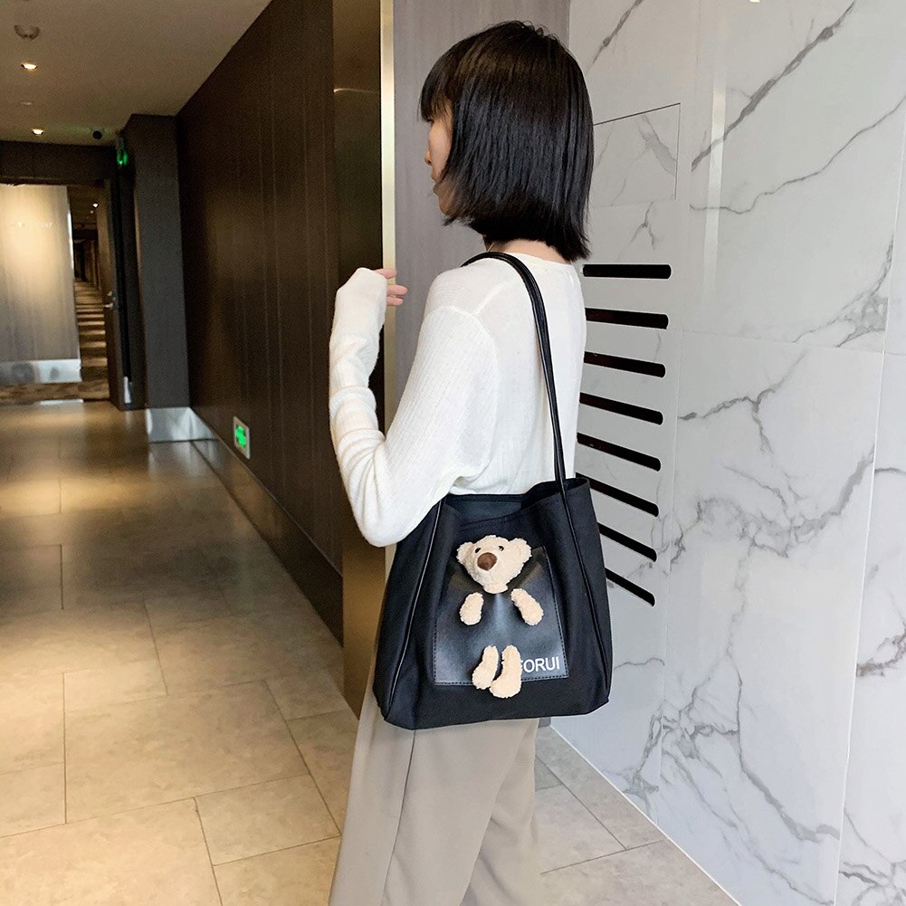 Sac à main en toile pour femmes, fourre-tout à la mode, décor de poupée d'ours, sac à bandoulière mignon, sac à poignée supérieure pour dames filles, Shopping quotidien – Image 2