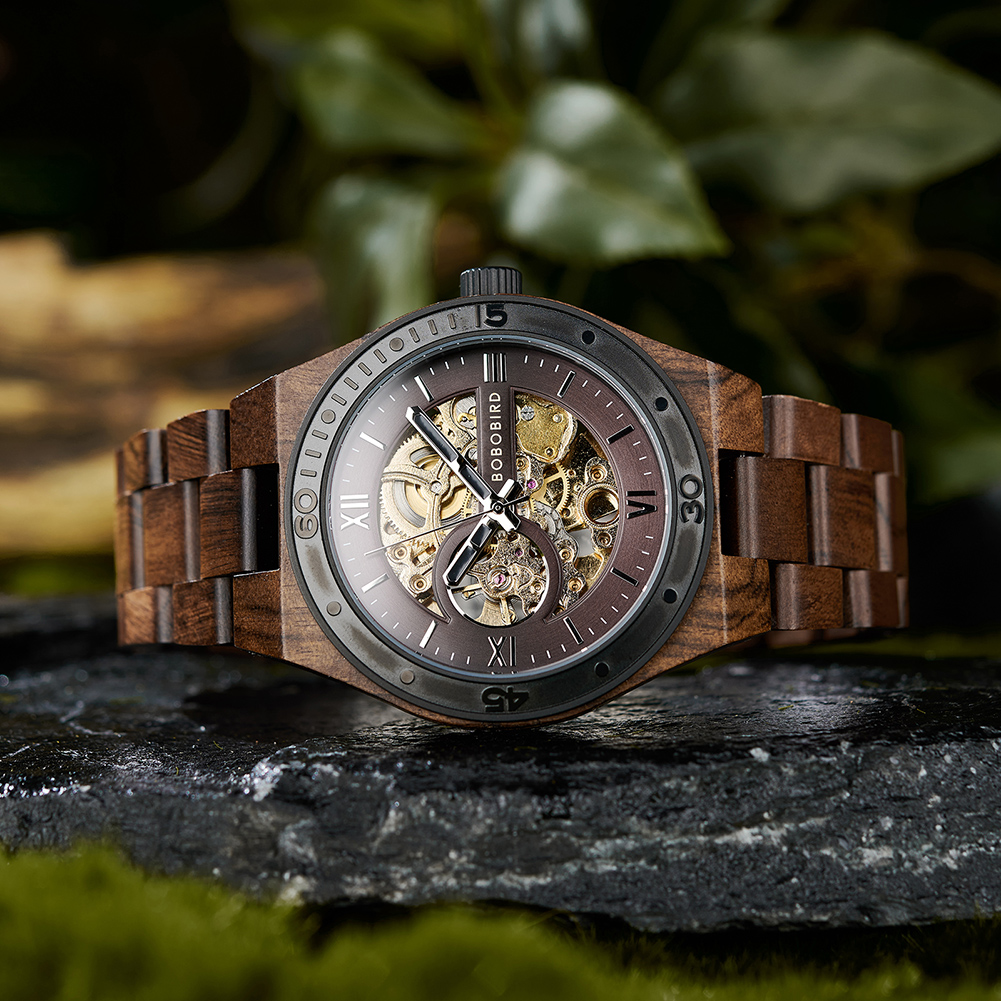 BOBO BIRD-Montre-bracelet en bois pour homme, montre mécanique automatique évidée, cadeau parfait pour la fête des pères, boîte en bois, nouvelle mode, 2023 – Image 4