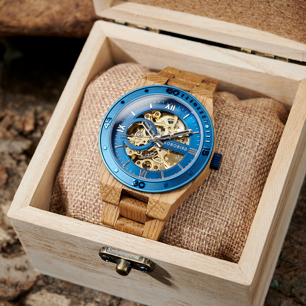 BOBO BIRD-Montre-bracelet en bois pour homme, montre mécanique automatique évidée, cadeau parfait pour la fête des pères, boîte en bois, nouvelle mode, 2023 – Image 6