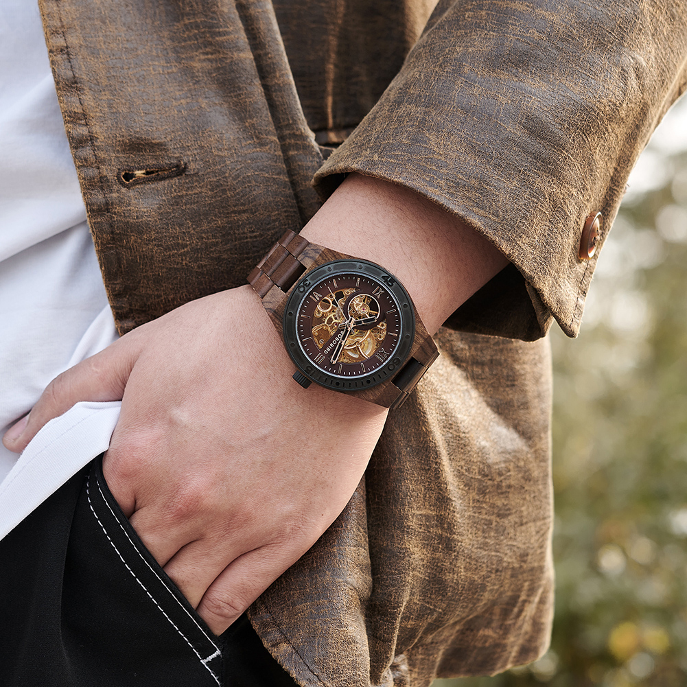 BOBO BIRD-Montre-bracelet en bois pour homme, montre mécanique automatique évidée, cadeau parfait pour la fête des pères, boîte en bois, nouvelle mode, 2023 – Image 5