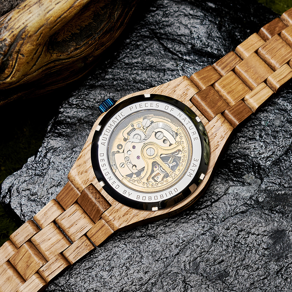 BOBO BIRD-Montre-bracelet en bois pour homme, montre mécanique automatique évidée, cadeau parfait pour la fête des pères, boîte en bois, nouvelle mode, 2023 – Image 2
