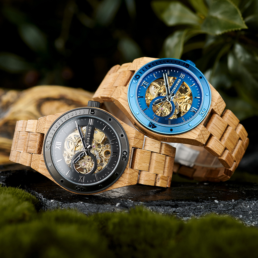 BOBO BIRD-Montre-bracelet en bois pour homme, montre mécanique automatique évidée, cadeau parfait pour la fête des pères, boîte en bois, nouvelle mode, 2023 – Image 3